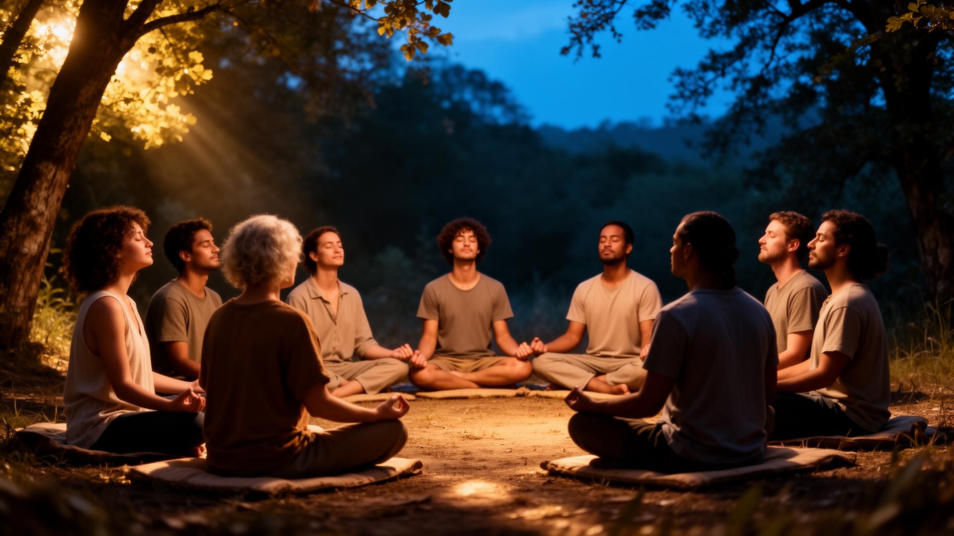 A diverse group sharing a meditative circle in nature at golden hour